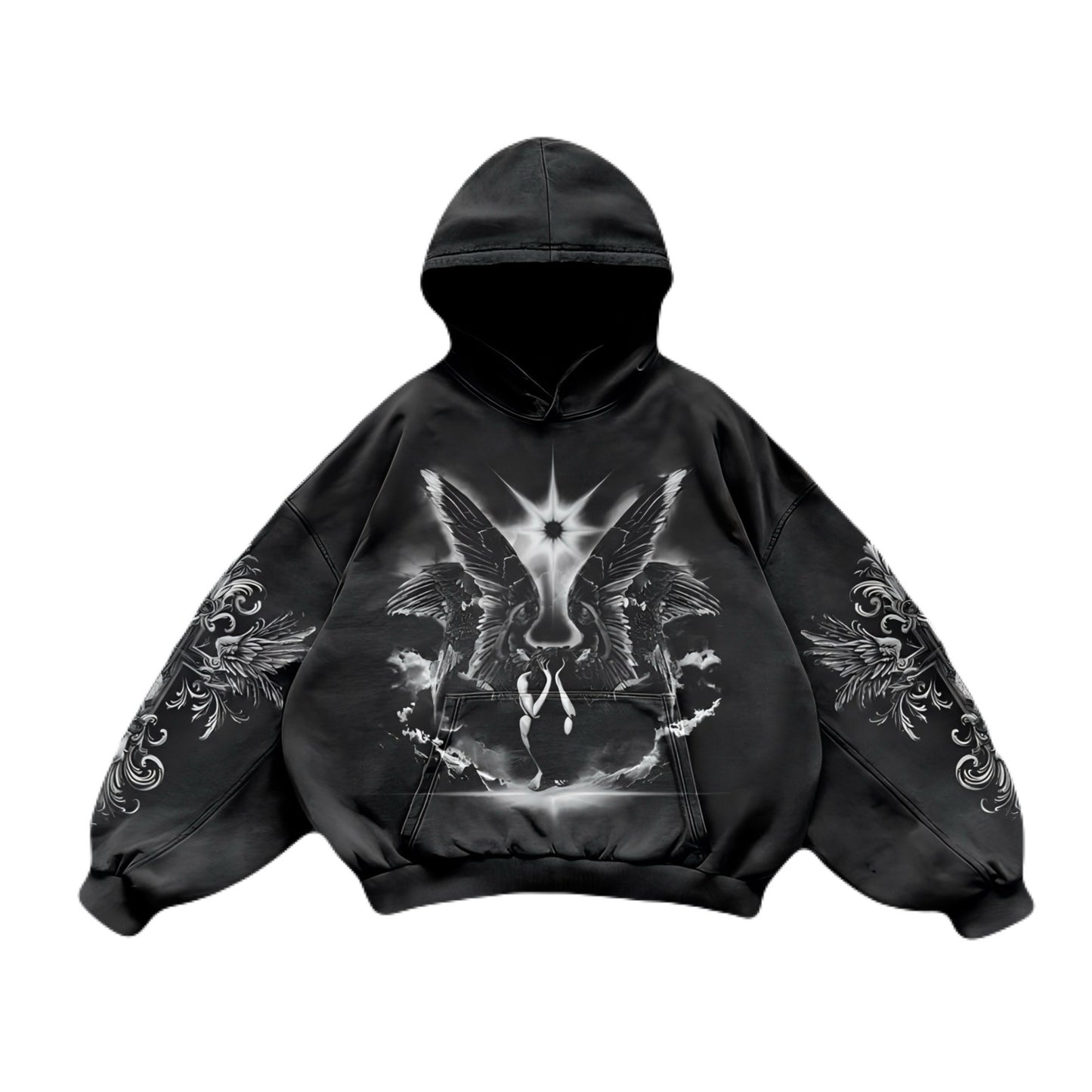 Vintage Angel Print Washed Oversized Hoodie – streetwear hoodie with angel graphic, faded wash effect, and relaxed oversized fit.