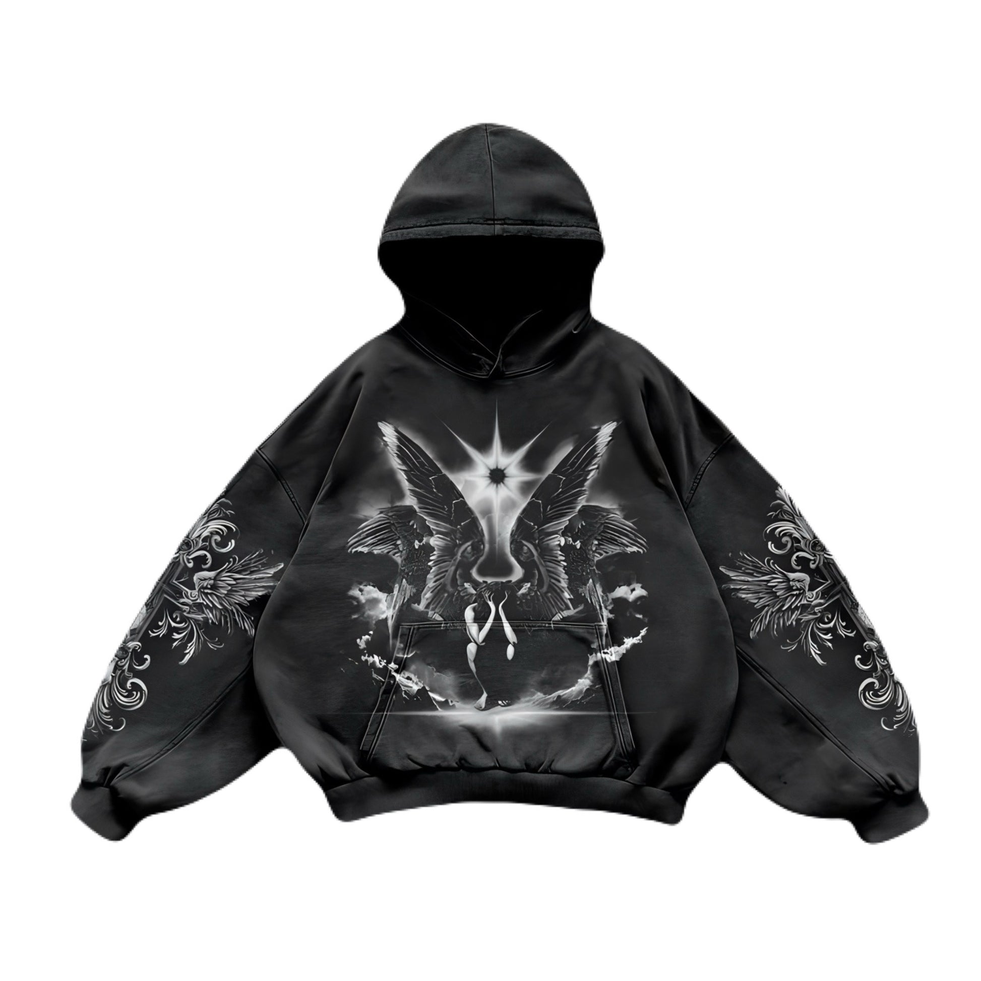 Vintage Angel Print Washed Oversized Hoodie – streetwear hoodie with angel graphic, faded wash effect, and relaxed oversized fit.