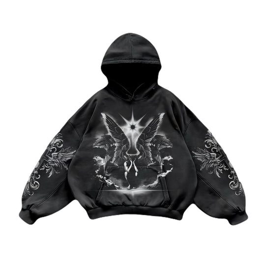 Vintage Angel Print Washed Oversized Hoodie – streetwear hoodie with angel graphic, faded wash effect, and relaxed oversized fit.